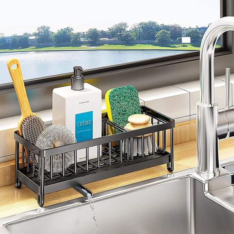 Porte Evier Cuisine,Organisateur Evier Cuisine,Rangement Pour Éponge,Support Eponge evier,Porte Éponge avec Plateau D'égouttage Amovible Sink Caddy Kitchen Organizer (1/5)