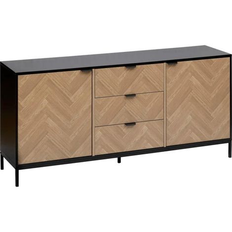 5Five Simply Smart – Buffet 2 portes 3 tiroirs chevrons 160cm – Panneaux de particules – Finitions naturel et noir – Fermeture douce – Label FSC (1/5)