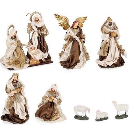 Natività con 3 Re magi, angelo e pecorelle, con vestiti in tessuto color bronzo statue per presepe (1/4)