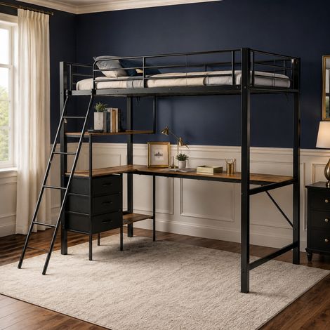 DESMIU Lit mezzanine enfant 90 × 200 cm avec bureau de 2 m, 3 tiroirs, échelle 4 marches, sans matelas (1/5)