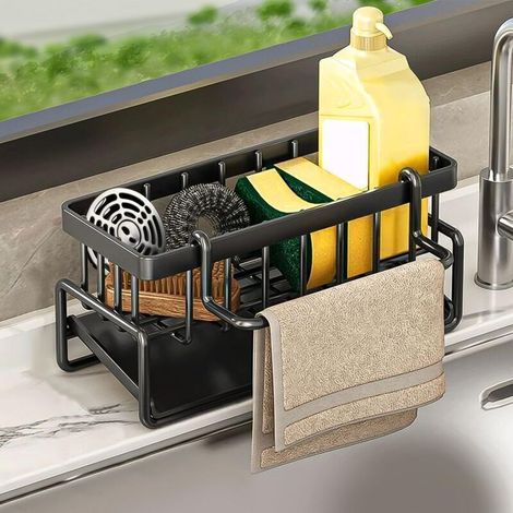 Organisateur évier en acier inoxydable 23 x 10 x 9 cm – Bac d'écoulement automatique – Pour accessoires de cuisine – Couleur noire (1/5)