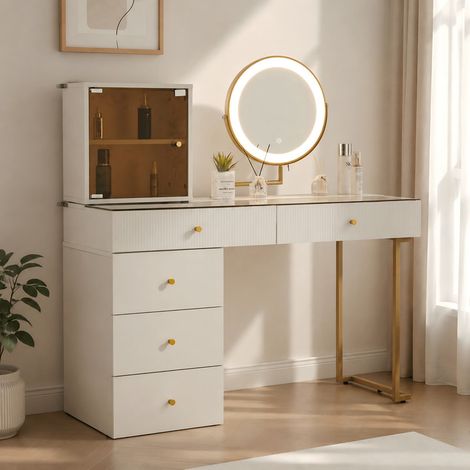 Ensemble coiffeuse 120 × 45 × 115 cm avec miroir LED – Plateau en verre trempé transparent – Rangement latéral et meuble – Pour chambre, dressing ou salle de bain (sans tabouret)