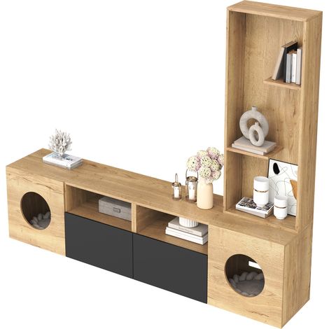 Mobile TV moderno 185x40x162 cm in legno nero con contenitore per soggiorno FloraGrace (1/5)
