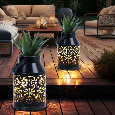 Solarlampen für Außen Balkon Deko Muster Gartendeko Metall Solarlaterne hängend Pflanzgefäß, schwarz, LED, DxH 10x16 cm, 2er Set