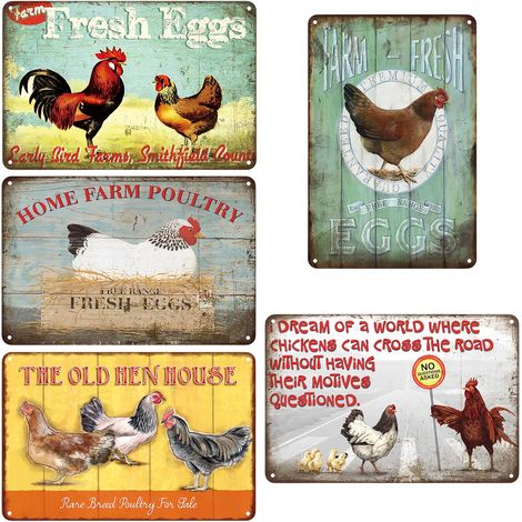 Lot de 5 plaques rétro 20 x 30 cm Pour poulailler Décoration ferme Style maison campagne Poulet vintage (1/5)