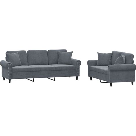 Ensemble de Canapé  Sofas 2 pcs avec coussins gris foncé velours