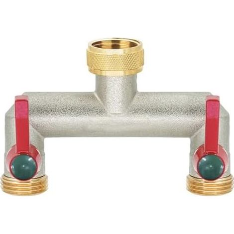 2-Wege-Wasserverteiler für den gleichzeitigen Anschluss von zwei Geräten, 3/4" vernickeltes Messing mit Kugelventilen, Durchflussregler und abschließbar, 1 Stück - (1/5)
