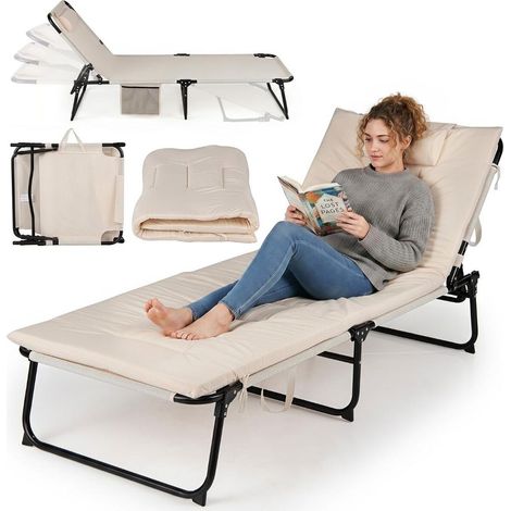 Transat avec matelas amovible bain de soleil pliable pour détente jardin camping dossier inclinable 4 positions beige (1/2)