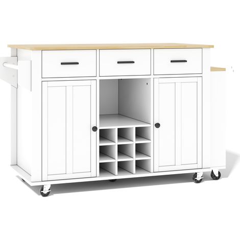 Îlot de cuisine mobile avec plan de travail extensible 136(223)x50x93cm, 3 tiroirs, porte-bouteilles, prises USB, blanc et chêne (1/5)