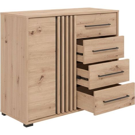 Sideboard Boscone, Anrichte 4 Schubladen, ein Regal, Türen zum Klappen und Schieben, 93x40x82h cm Eiche Braun
