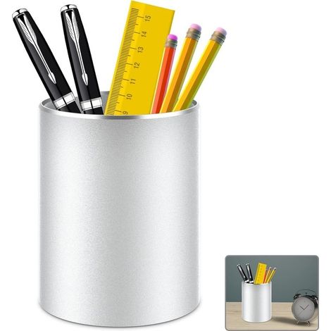 Round metal and aluminum desk organizer/pencil holder for office, school, home and children, with a non-slip silicone base (Silver) (1/4)
