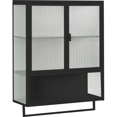 Armadio da parete nero 60 cm con 2 ante in vetro e metallo, ripiano aperto e portasciugamani (1/5)