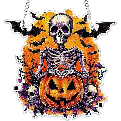 Halloween Diamond Painting Pendentif Citrouille Squelette Décoration Fenêtre Kit de Loisirs Créatifs (1/4)