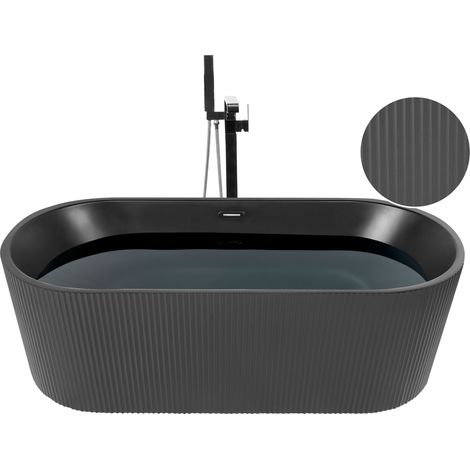Bañera independiente de acrílico negro 163 x 80 cm acabado estriado ovalado Gocta