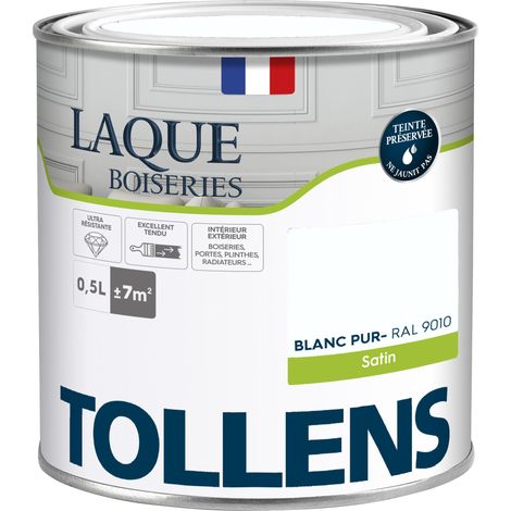 Tollens – Peinture laque ultra résistante aux lessivages – Satin blanc pur 0,5L – Rendement 7m² – Qualité air intérieur A+ – Séchage rapide 2h