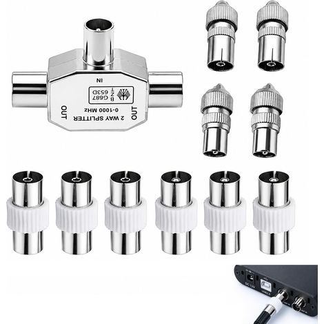 11 PCS Répartiteur antenne T, Splitter antenne TV Coaxial TV 2 Sorties + Kit Adaptateurs RF PAL, Connecteurs Coaxiaux Mâle Femelle, Coupleurs, Adaptateur Câble Coaxial pour TNT DVB (1/5)
