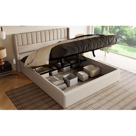 Letto contenitore 140/200 cm beige di lino con testata imbottita (1/5)