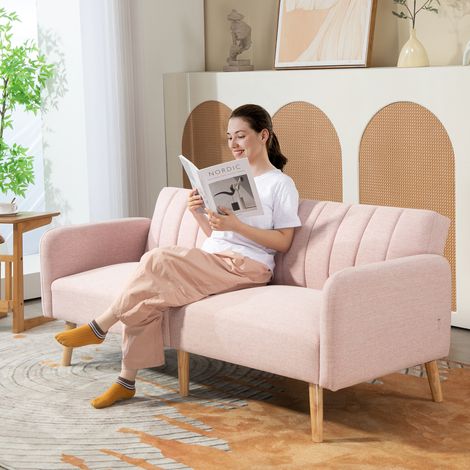 2-Sitzer-Schlafsofa, skandinavisches Design, 3-fach verstellbare Rückenlehne, Holzbeine, rosa Leinenoptik