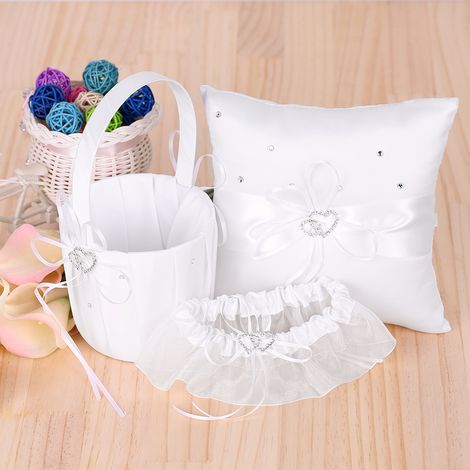 5 pièces/ensemble fournitures de mariage panier de fille de fleur en Satin Double coeur + 7 pouces porte-anneau oreiller livre d'or porte-stylo mariée jarretière ensemble blanc (1/5)