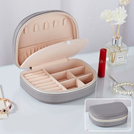 Petite boîte à bijoux pour femmes, boîte de rangement pour bagues, boucles d'oreilles, colliers, cadeaux(gris) (1/5)