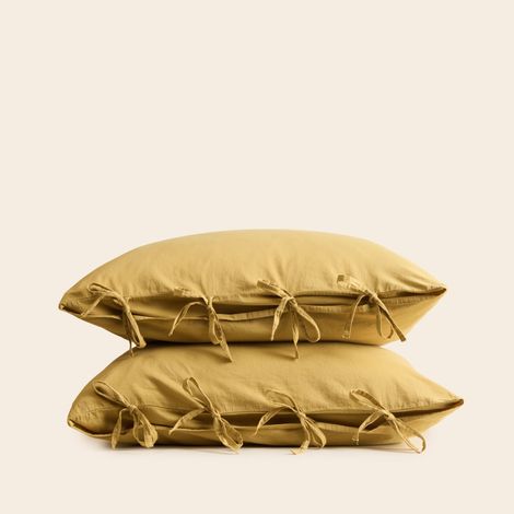 Lot de 2 taies d'oreiller en Satin de coton lavé uni à nouettes SATHEENE