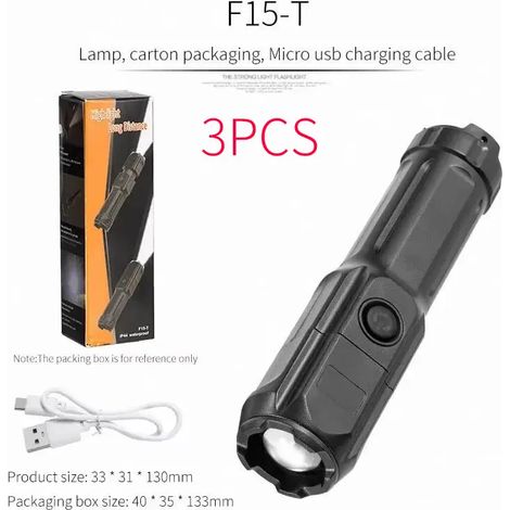 (Ensemble de 3 pièces) Lampe torche télescopique à zoom, rechargeable - 4 modes d'éclairage - longue portée - étanche - convient pour le camping et la pêche. (1/5)
