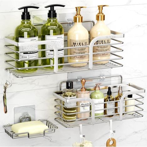 Adhesive shower shelf with soap dish and 4 hooks, rustproof, no drilling required, wall-mounted, silver (1/5)