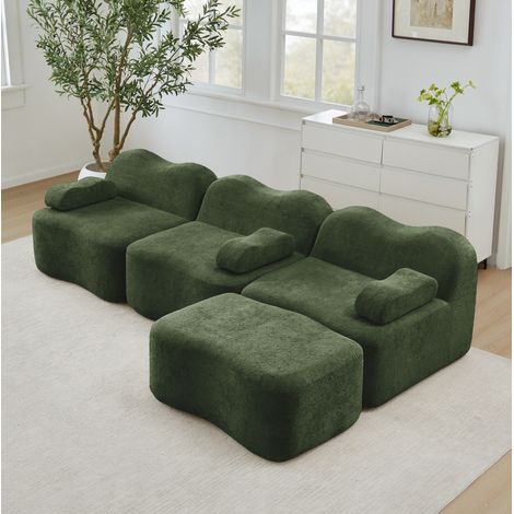 FloraGrace Canapé modulaire en velours vert, assise profonde, forme ondulée, 3 places, salon et appartement (1/5)
