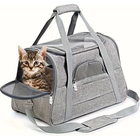 Sac Transport Chat, Chat et Chien Sac de Transport pour,Caisse de Transport Chat Respirant et Pliable Cage Transport Chat avec Matelas en Peluche Amovible Sac de Transport Chat(Gris) (1/5)