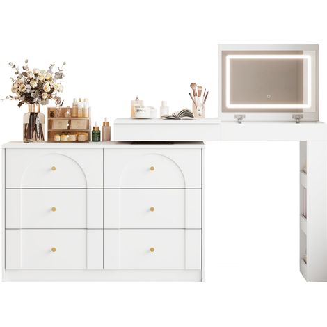Coiffeuse rotative avec éclairage LED, peut servir de bureau, blanc, 105×40×80 cm