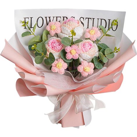 Handgehäkelter Blumenstrauß, gestrickte Kunstblumen für Partys, Valentinstag, Muttertag, Geburtstage, hellrosa (1/5)