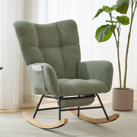 Mecedora de tela Teddy con bolsillo y reposapiés, mecedora suave para habitación infantil, mecedora con respaldo alto y base segura de madera maciza, sala de estar, verde (1/5)