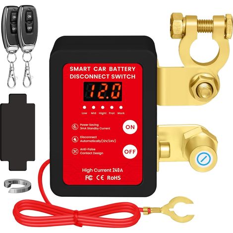 Disjoncteur de Batterie Télécommandé Sans Fil, Coupe Circuit Batterie 12V 240A Télécommande, Interrupteur D'arrêt Automatique avec Affichage LED pour 12V Voiture Camping Car ATV Camion Bateau (Noir) (1/5)