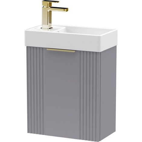 Grey 400mm Wall Hung Cloakroom Vanity Basin Unit with Brushed Brass Handle Compact Bathroom Storage (1/4)