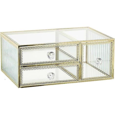 Organisateur en verre à 3 tiroirs - Rangement élégant pour coiffeuse avec une touche dorée (1/5)