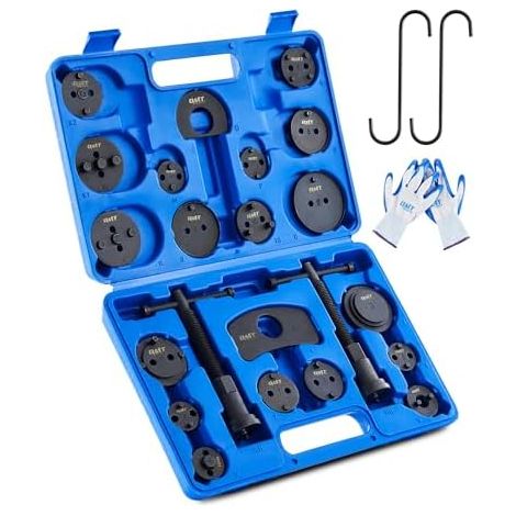 24Pcs Kit d'Outils de Repousse Piston Étrier Frein avec Boulons Poussée Plaques Retenue Supports d'Étrier 20 Adaptateurs Disque Outils Mécanicien Mallette, Bleu - (1/5)