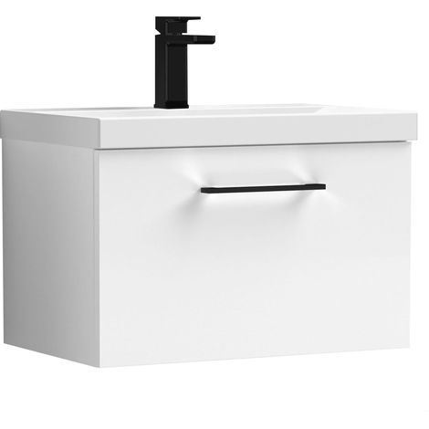 Balterley 600mm Wall Hung Bathroom 1 Drawer Vanity Unit and 1 Tap Hole Ceramic Basin, Gloss White with Black Handle (1/5)