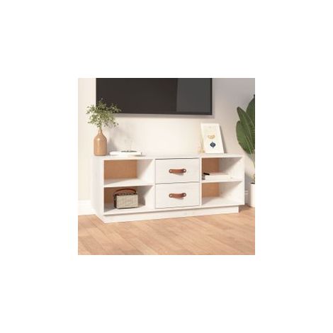 Meuble TV Blanc 100x34x40 Bois de pin massif (1/5)