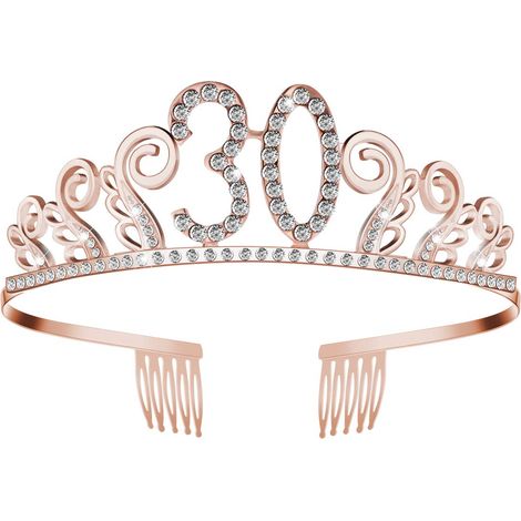 1 Diadème, strass et cristal, peigne intégré, or rose, pour anniversaire 30 ans et mariage (1/5)