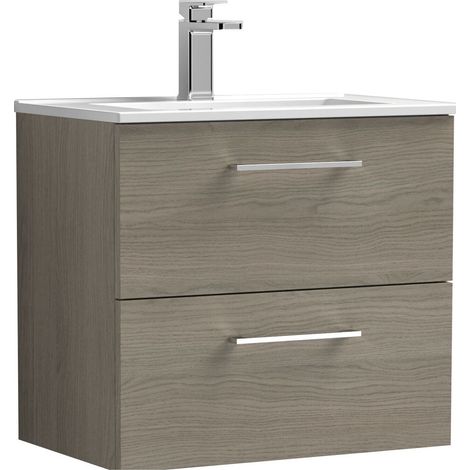 Balterley Bramshall Contemporary Bathroom 2 Soft Close Drawer & Minimalist Wall Hung Vanity Unit Basin, Solace Oak, 600mm (1/4)