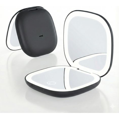 Miroir de Maquillage Compact grossissant 10x avec éclairage, Noir Miroir double avec vue standard et grossissement 10x, trois teintes LED et luminosité réglable. (1/5)