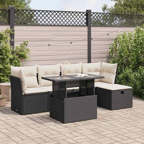 Ensemble Salon Jardin 6 Places Noir Résine Tressée avec Coussins Crème - Table et Sièges Modulaires (1/5)