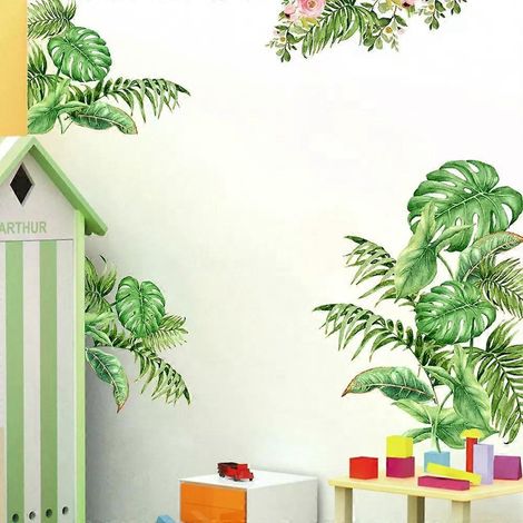 Sticker mural plantes et feuilles vertes, autocollant mural repositionnable à coller, motif palmier, imperméable, à faire soi-même, pour chambre, salon ou salle de classe. (1/5)