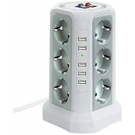 Tour multiprise parafoudre et surtension, Multiprise Electrique avec 5 Ports USB et 12 Prises, multiprise avec et 3 Interrupteurs, Blanc (1/4)