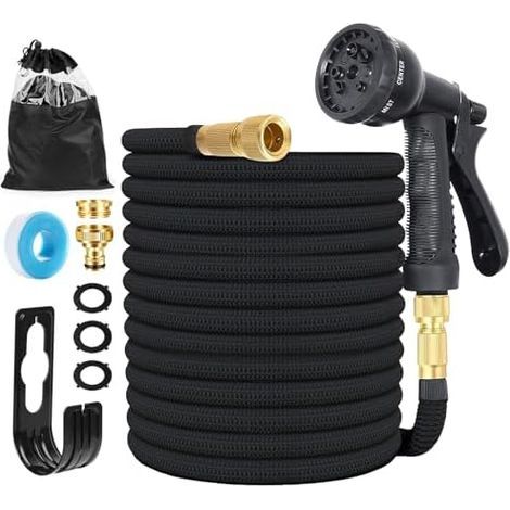 Tuyau d'arrosage Extensible 7.5M (3x2.5M) avec 8 Modèles de Pulvérisation Convient aux Robinets 1/2" et 3/4" Raccords flexible léger pour Jardin, Arrosage, Nettoyage Sac Rangement Noir 7.5 Mètres (1/5)