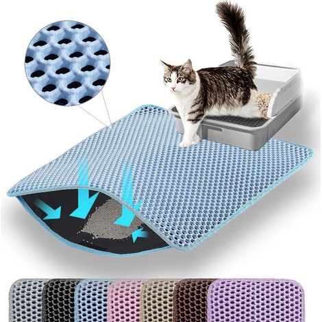 Tapis de litière pour chat, double couche, nid d'abeille, antidérapant, imperméable et anti-urine, accessoire pour chat, 5575 cm, bleu (1/5)