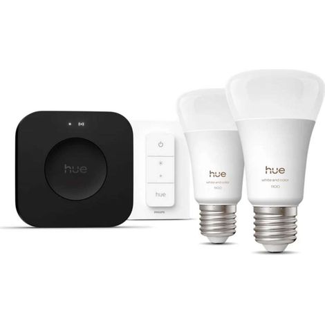 Philips Hue Kit de démarrage E27 avec 2 Ampoules Standard (1100 lm) Lumière blanche et colorée - Comprend 1 Bridge Pro, 1 Variateur de lumière - White and Color Ambiance