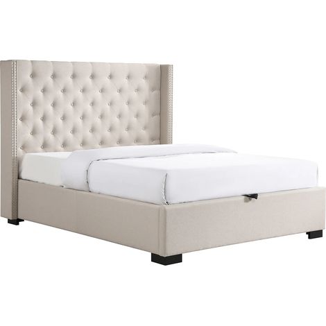 Lit coffre 160 x 200 cm avec tête de lit capitonnée - Tissu - Beige - MASSIMO II (1/5)