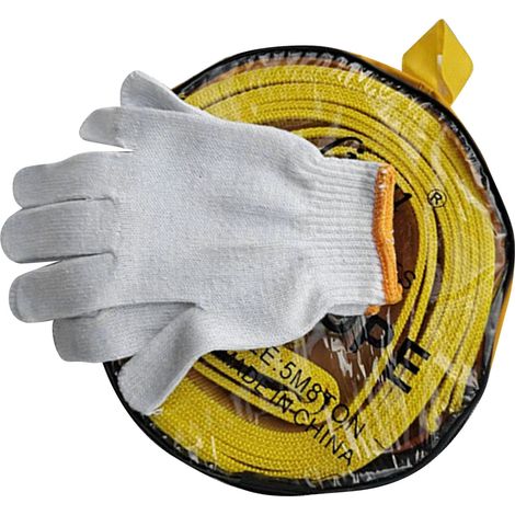 Corde de remorquage pour voiture de 5 mètres, charge admissible de 8 tonnes, en polyester haute résistance, avec crochets, pour une utilisation d'urgence, jaune, et gants inclus. (1/5)