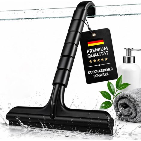 Raclette de douche professionnelle en silicone noir – Raclette de douche monobloc en silicone avec crochet intégré, raclette de paroi de douche avec noyau en acier inoxydable, pour douche, salle de (1/5)